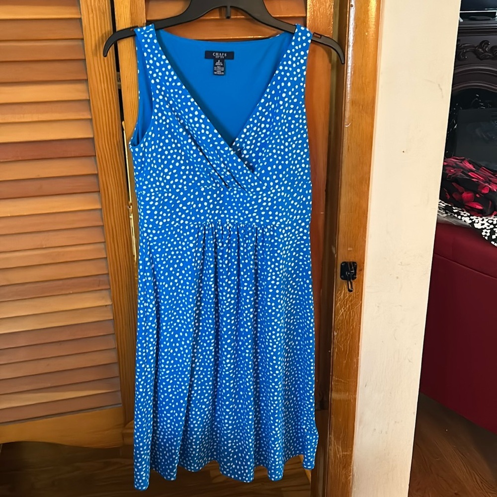 Chaps Blue Polka Dot V-Neck A-Line Dress Small